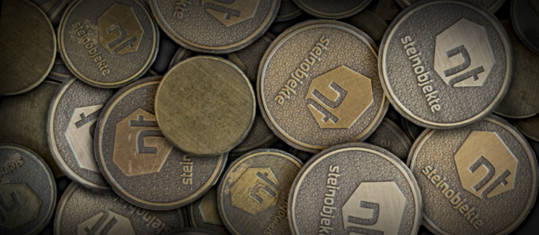 Individuell geprägte Münzen als Produktlabel mit Logo für Steinprodukte