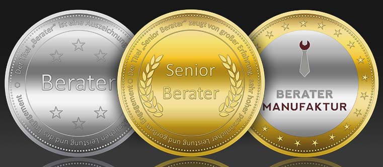 Beratermünze zur Befürderung. Hergestellt in BiMetall, Gold und Silber und individuell mit dem Logo gestaltet 