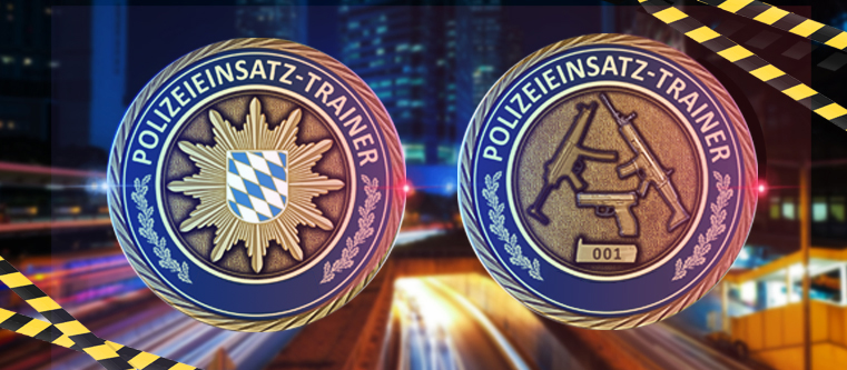 Personalisierter Einsatztraining-Coin für die Polizei Bayern. Mit individueller Prägung und Gravurfeld für die individuelle Seriennummerierung.