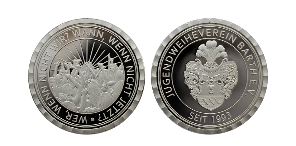 Silbermünze des Jugendweiheverein Barth e.V. mit Wappen, Vorder- und Rückseite
