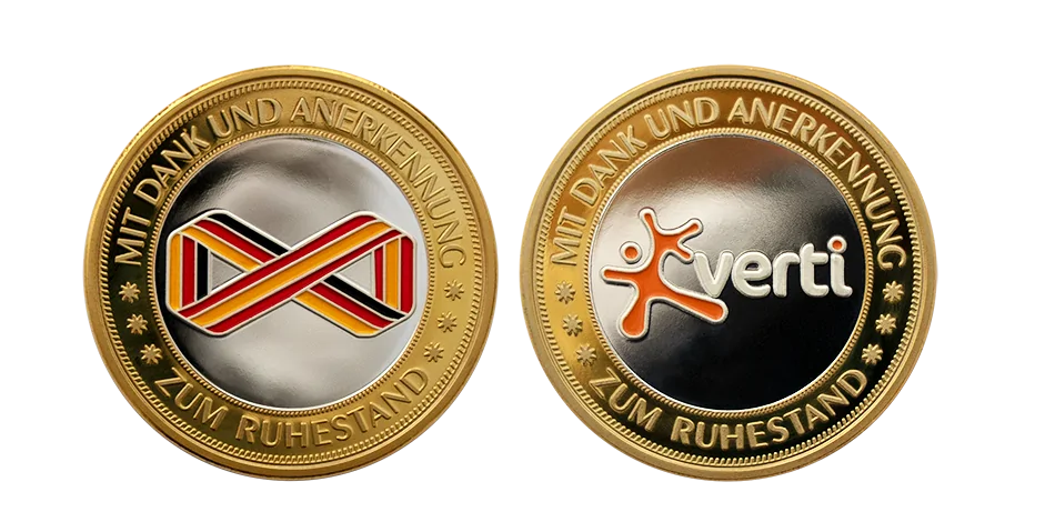 Farbige Dankesmünze der Firma verti zum Ruhestand, Vorder- und Rückseite