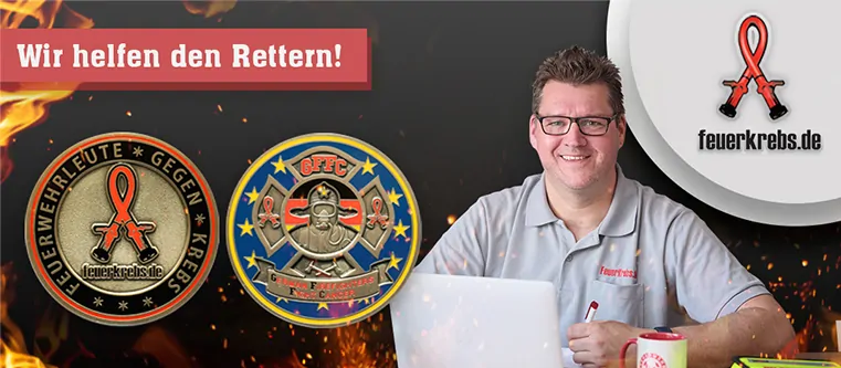 FeuerKrebs Gründer Marcus Bätge möchte den Rettern mit einem individuell geprägten Feuerwehr Challenge Coin helfen