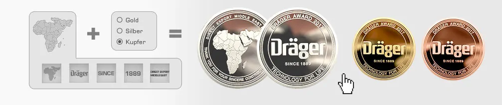 Dräger-Medaillen in Silber, Gold und Kupfer, zusammengestellt im Münzkonfigurator